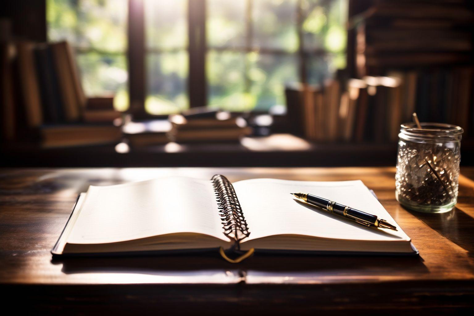 um caderno aberto em uma mesa de madeira em frente a uma janela