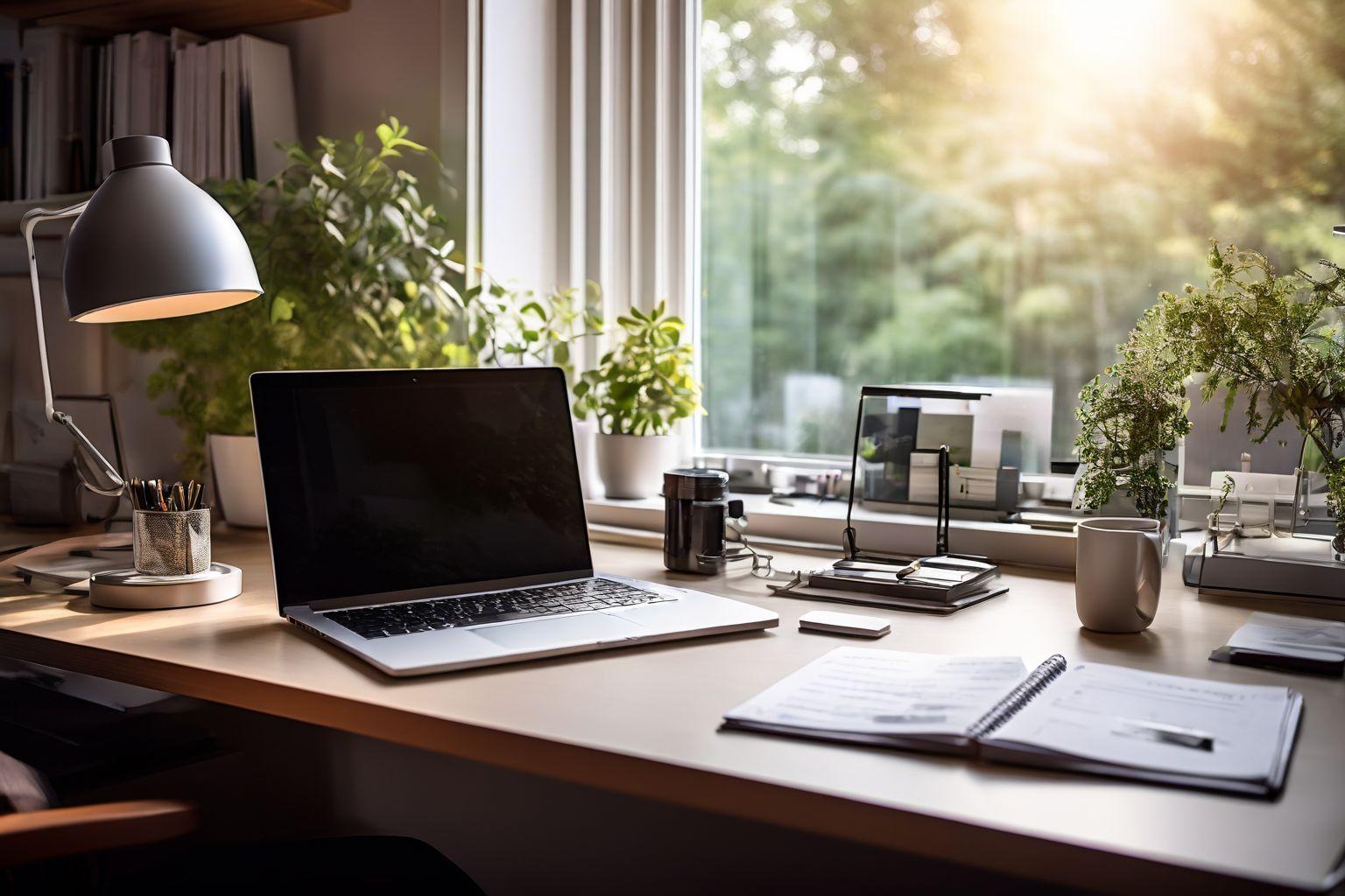 a desk with a laptop and plants in front of a window