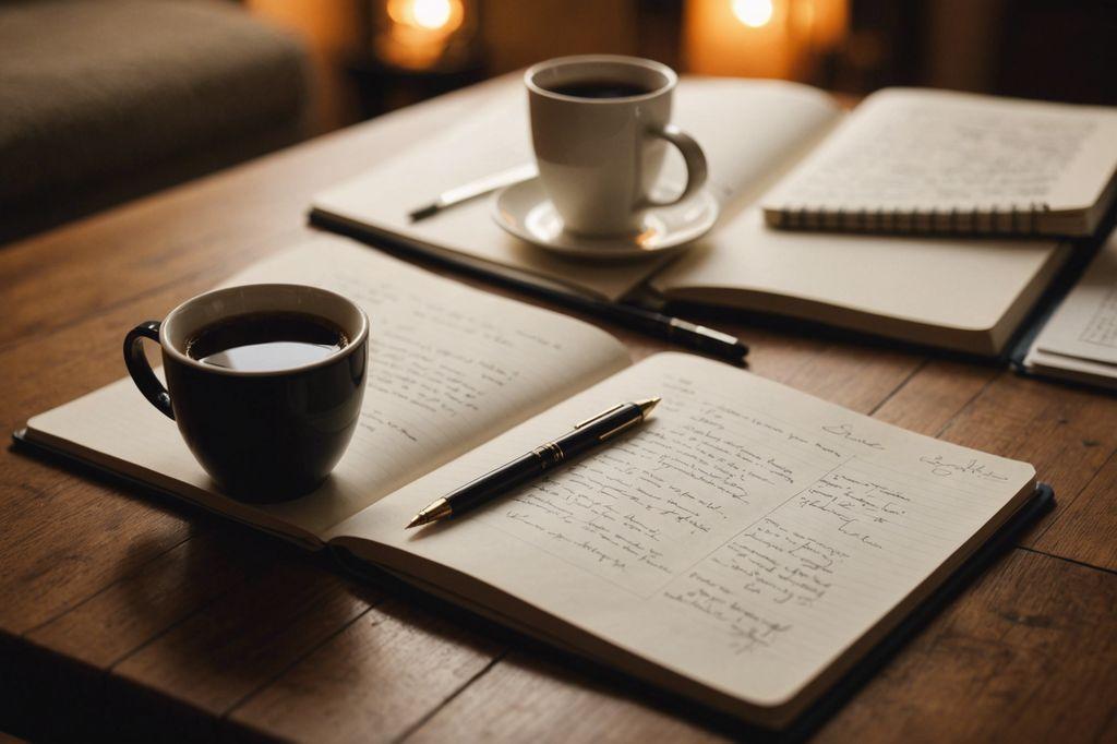 a notebook with a cup of coffee and a pen on a wooden table