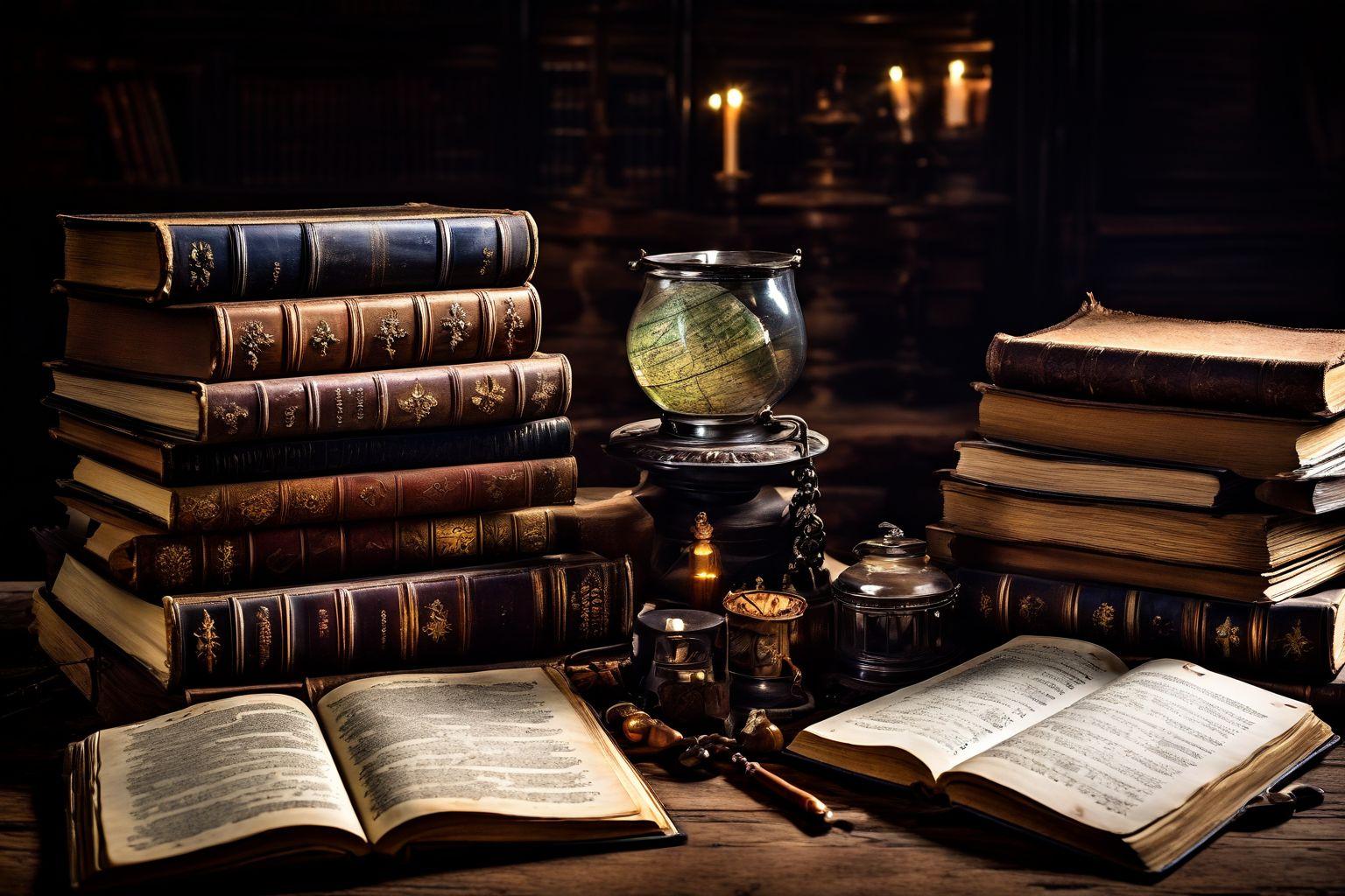 Une pile de livres anciens et de documents historiques étalés sur une table en bois vintage, Photographique, capturée avec un objectif grand angle dans un cadre faiblement éclairé.