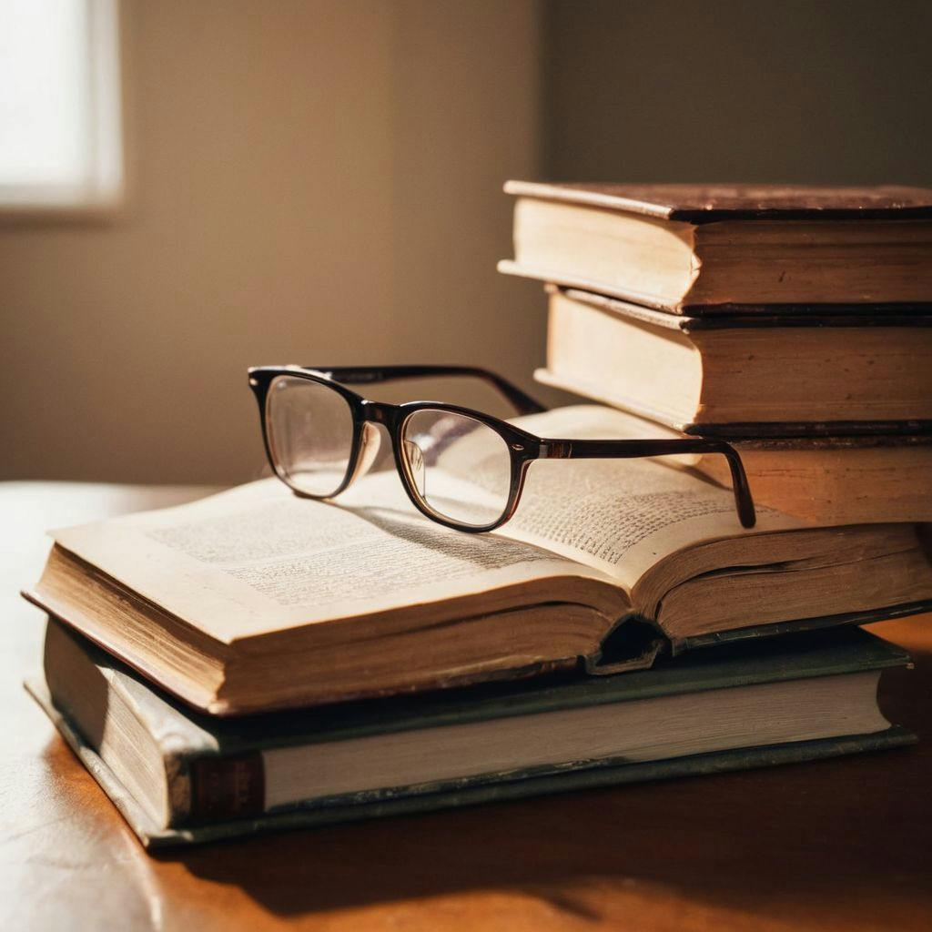 Une pile de livres de différents genres étalés sur une table, avec une paire de lunettes dessus, symbolisant des habitudes de lecture diverses, Image photographique, haute résolution capturant la configuration en lumière douce avec un objectif grand-angle.