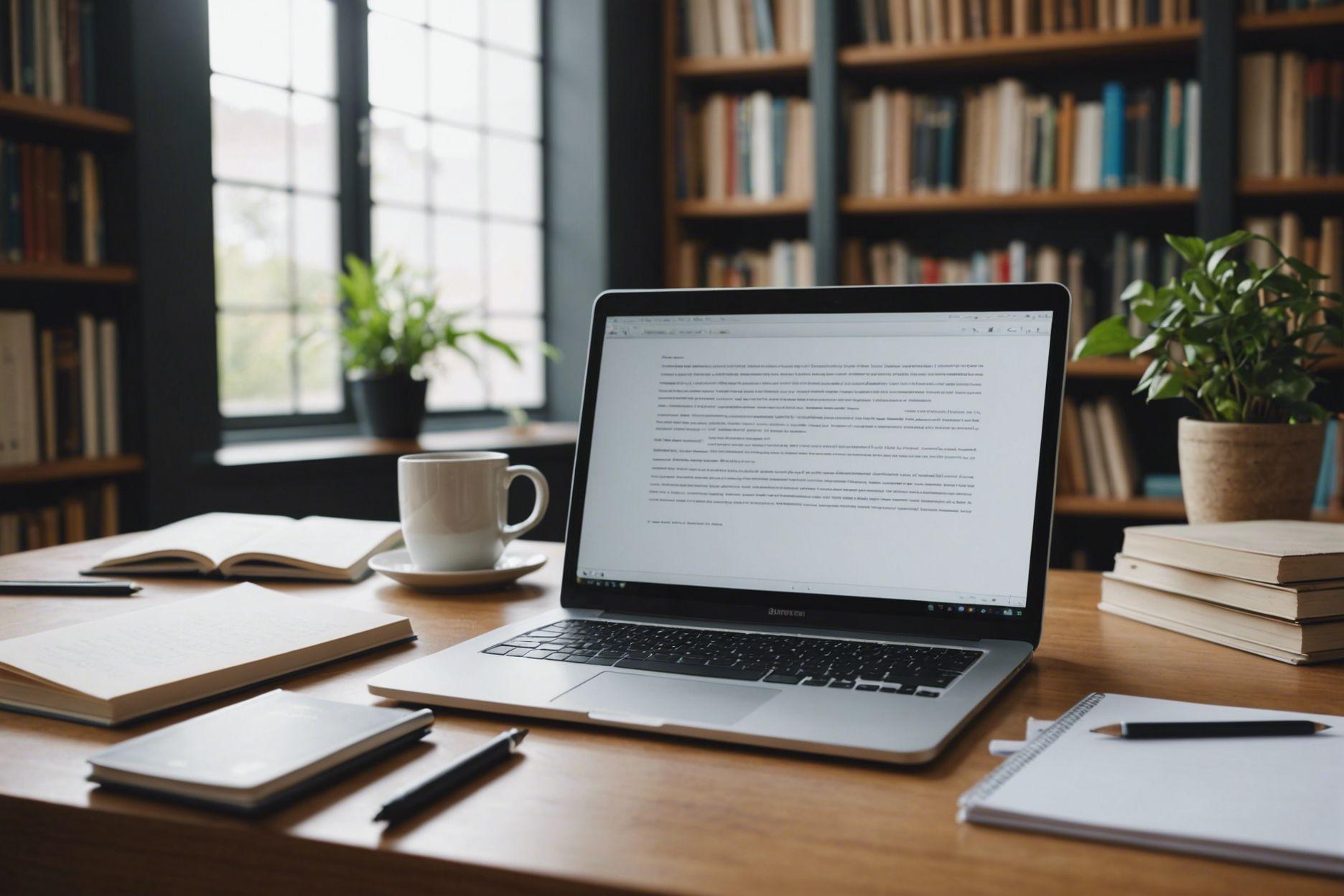 a laptop on a desk in front of bookshelves