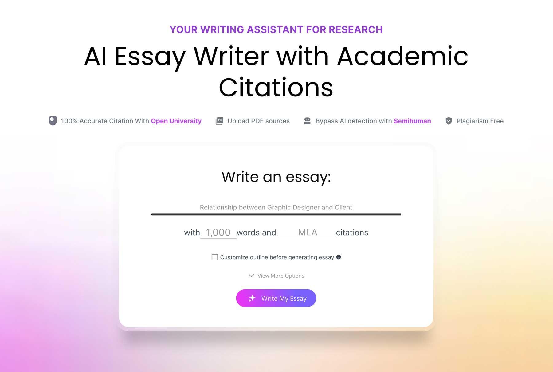 Eine Seite mit den Worten ai essay writer mit akademischen Zitaten