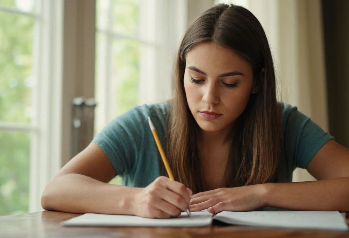 una giovane donna che scrive in un quaderno con una matita