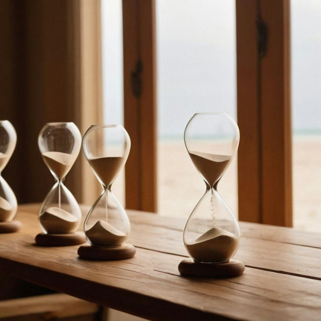 Une séquence de sabliers avec du sable qui coule, sur une table en bois, dépeignant le concept du timing, dans un cadre intérieur chaleureux, Photographique, avec une lumière douce mettant en évidence le mouvement du sable.