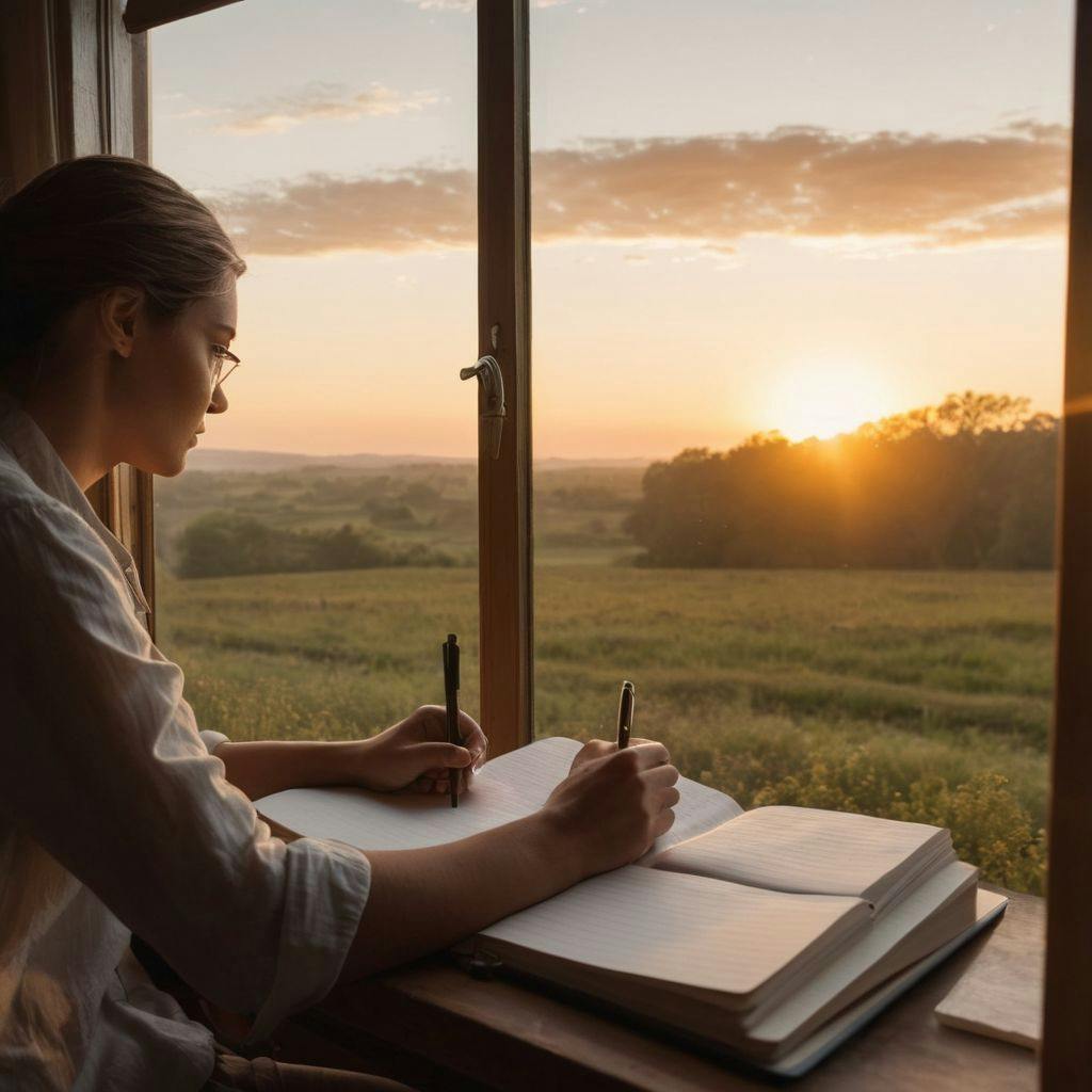 A writer at a window-side desk, writing in a notebook with a view of the sunrise, showcasing the calm and inspiration of early morning, Photographic, Photography capturing the serene mood with soft natural light and a wide angle.