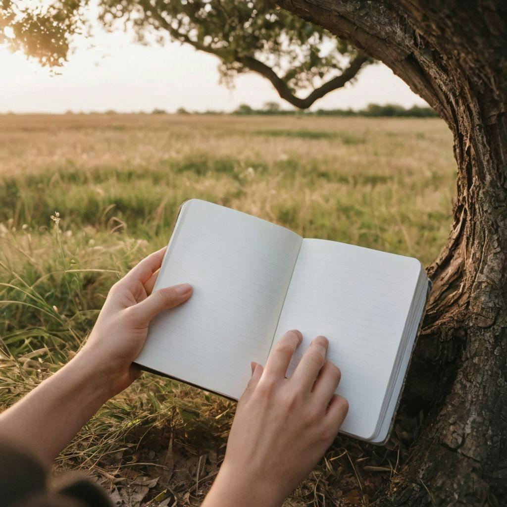 A person holding an open notebook capturing fleeting ideas, outdoors under a tree with soft natural light, illustrating creativity on-the-go, Photographic, Photography with a focus on the notebook and natural surroundings.