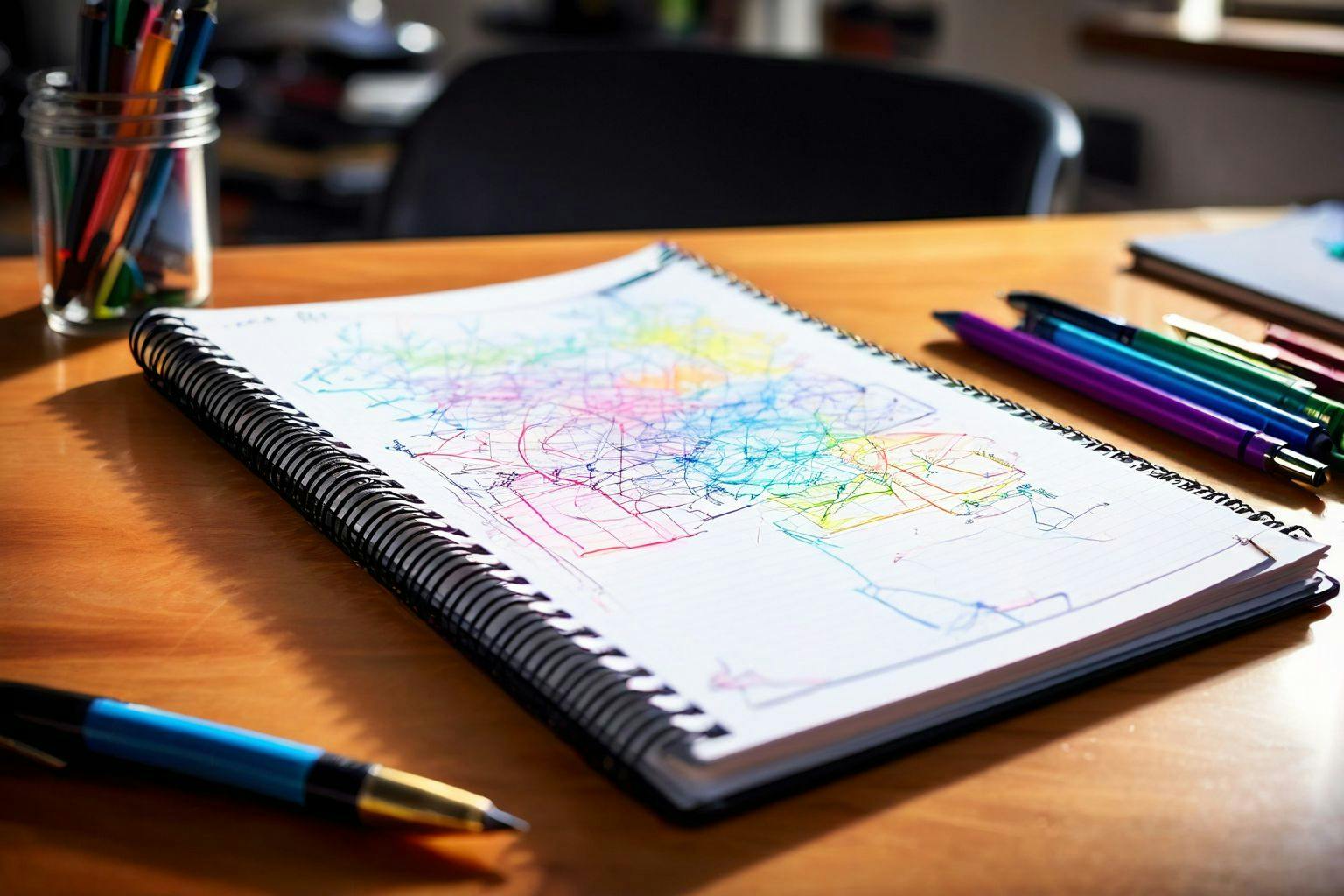Close-up of a detailed outline on a notepad with colorful markers and notes, emphasizing the structured approach to writing, in a well-lit workspace, Photographic, Photography with a sharp focus lens capturing the details of the outline.