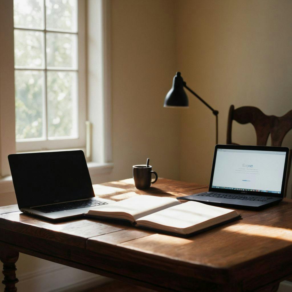 A daily writing space with a journal, a pen, and a laptop on a wooden table, early morning light casting soft shadows, creating a peaceful and productive environment, Photographic, Photography in natural morning light with a medium shot.