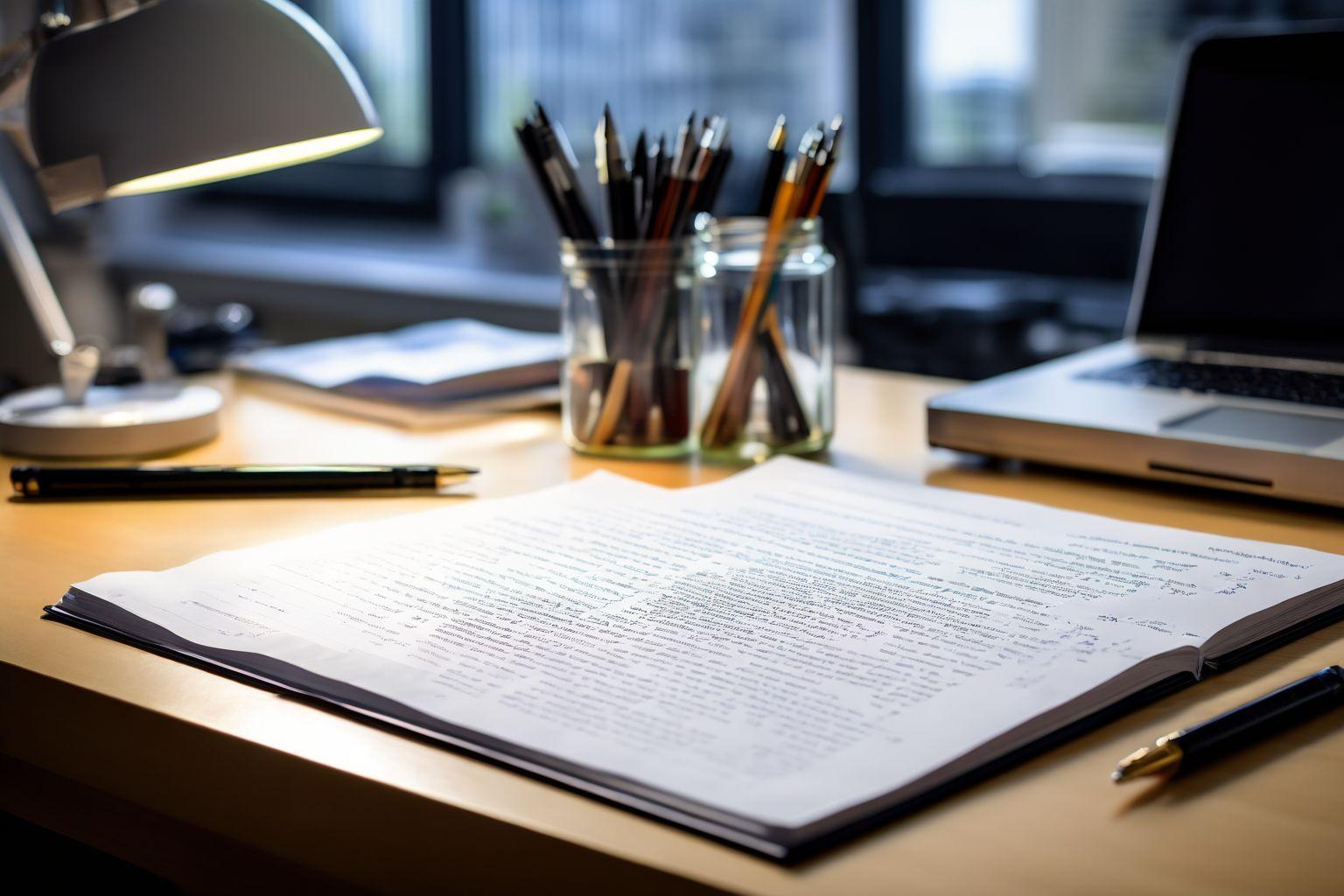 Detailed view of a research paper formatted in APA style, showing in-text citations and the reference list, on a clean desk, Photographic, Close-up shot with a Leica SL2 focusing on the text format and paper quality.