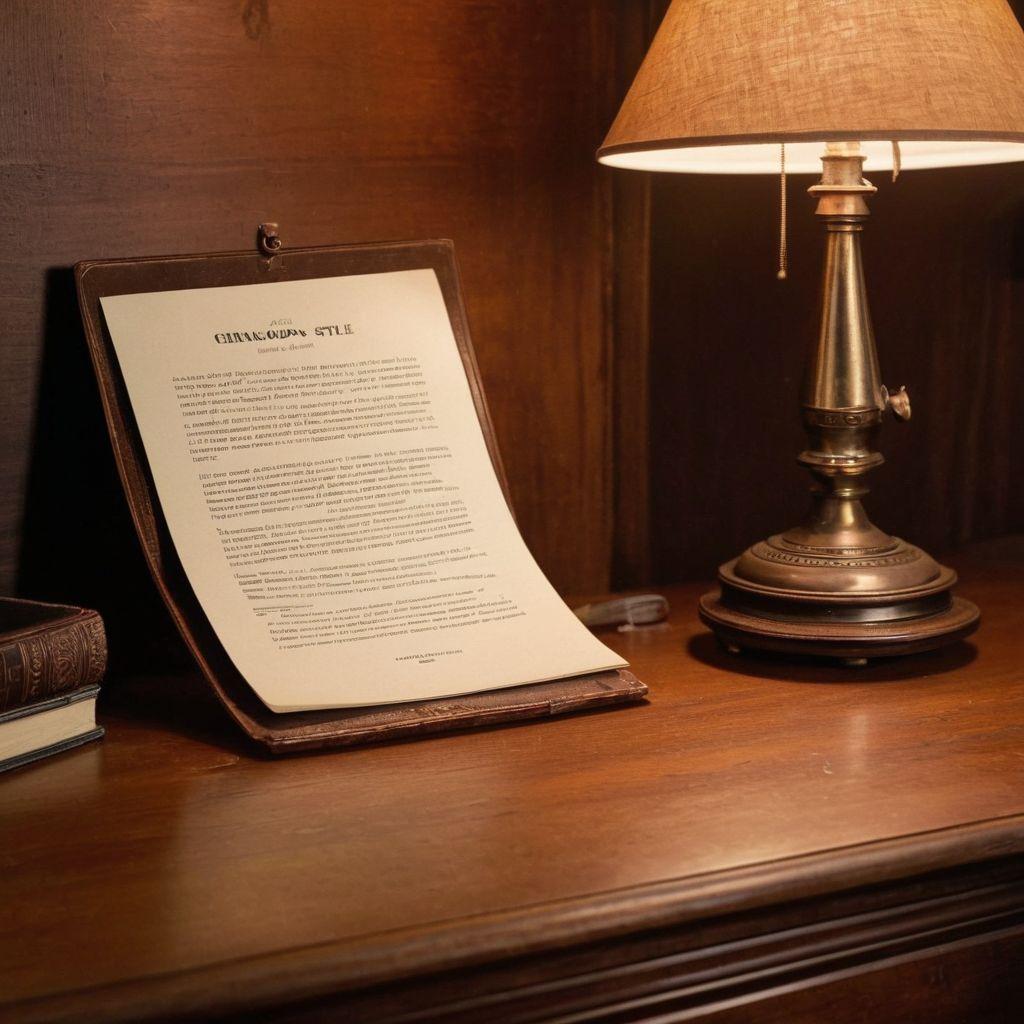 Research paper featuring Chicago style citations, displayed on a vintage wooden desk with a classic lamp, creating an academic aura, Photographic, Detailed shot with a Panasonic Lumix DC-S1R emphasizing the citation format and the ambient old-style lighting.