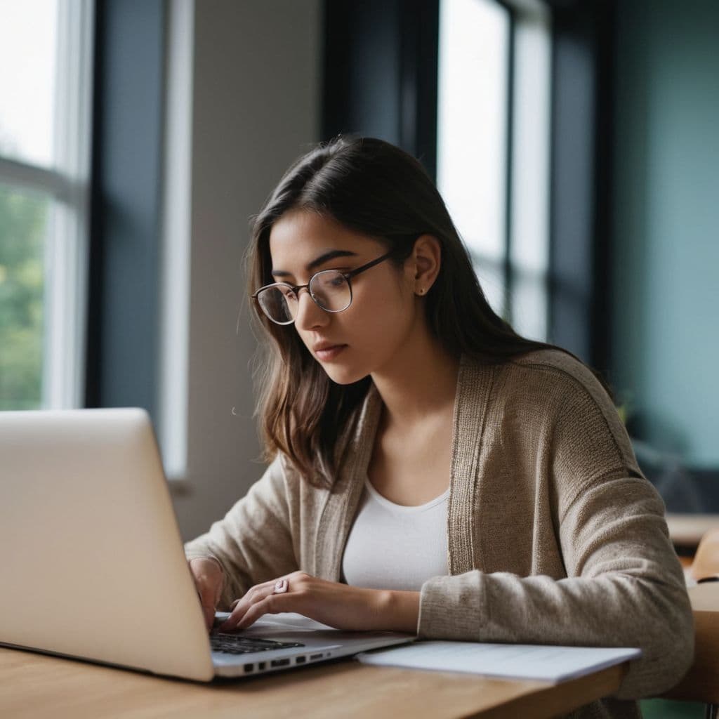 uma jovem trabalhando em um laptop em um escritório