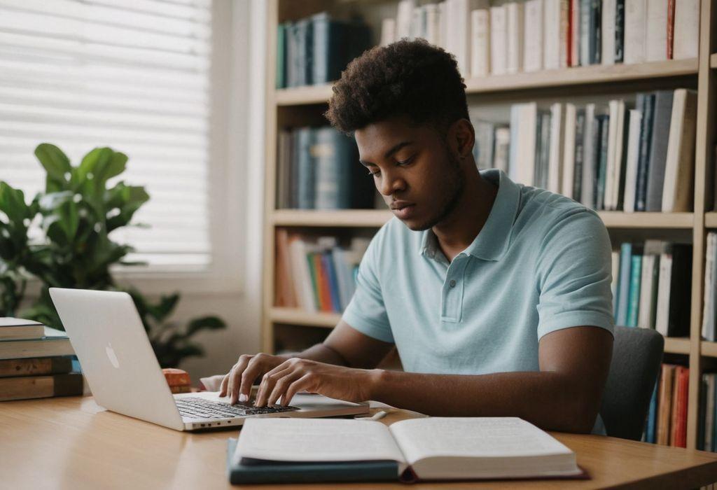 een jonge man die werkt op een laptop voor een boekenkast