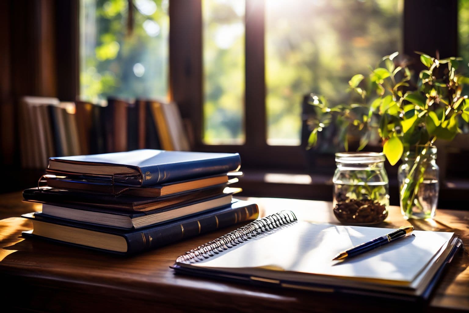 Een stapel boeken over analytisch schrijven naast een notitieblok met een pen, geplaatst op een houten bureau, in een heldere, academische omgeving, Fotografie met natuurlijk licht en een 50mm lens om een duidelijke en gedetailleerde stilleven van de studiematerialen vast te leggen.