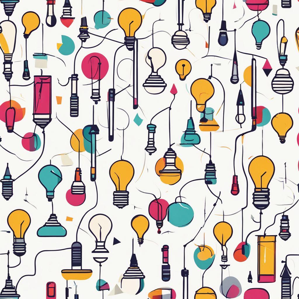 Stylized icons of a pen, paper, and light bulb interconnected, on a clean white background, representing style and structure, Digital illustration, clean and simple design with bright colors to emphasize clarity.