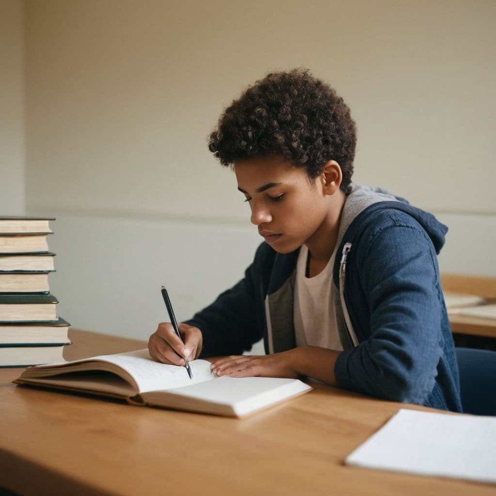 A child is sitting at a desk and writing in a notebook