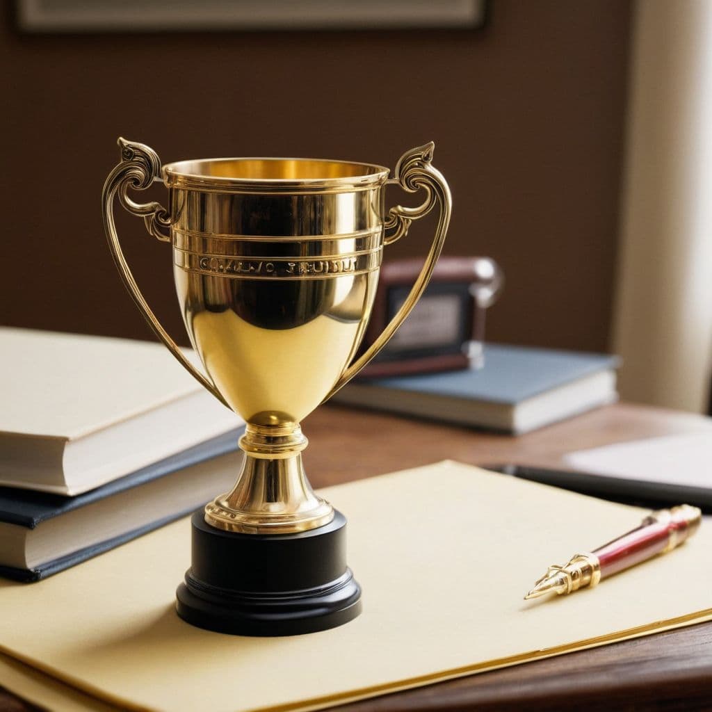 Award-winning scientific essay displayed on a tidy desk with a trophy beside it, focusing on the essay title and the badge of excellence, in a bright academic setting, medium shot with a 50mm lens, highlighting the paper and the trophy, soft studio lighting.