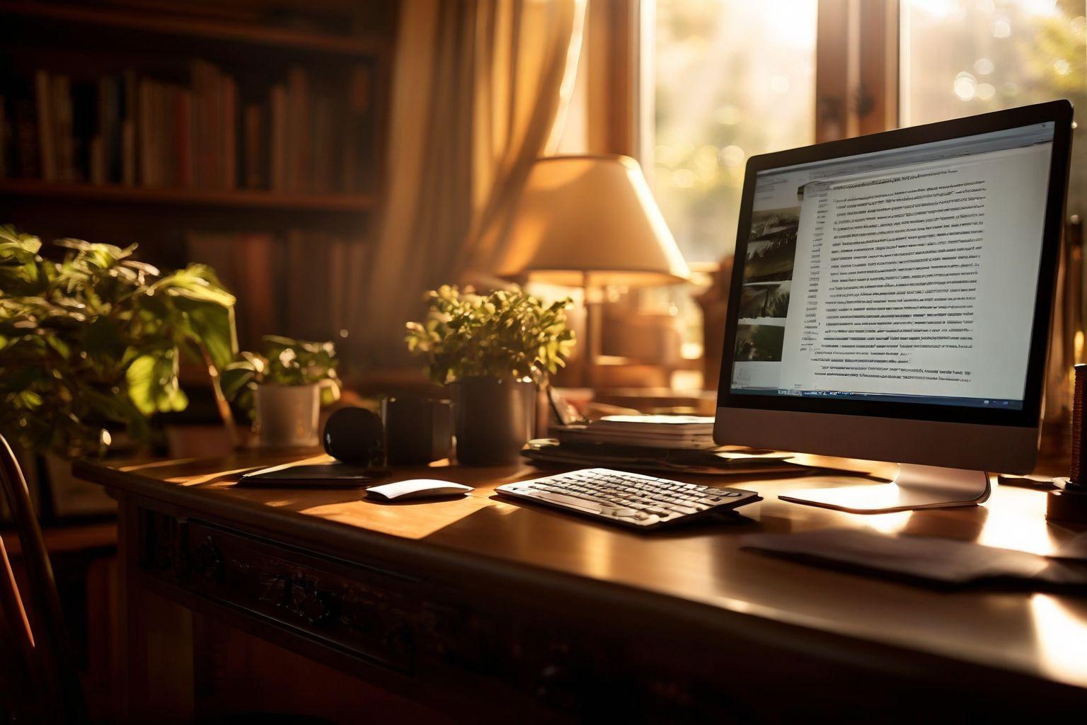 Nahaufnahme eines Computerbildschirms mit dem Anfang eines Aufsatzes, der einen ansprechenden ersten Satz zeigt, in einem warm beleuchteten Raum. Foto mit weichem Licht und Fokus auf den Bildschirm, um die Aufmerksamkeit zu fesseln.