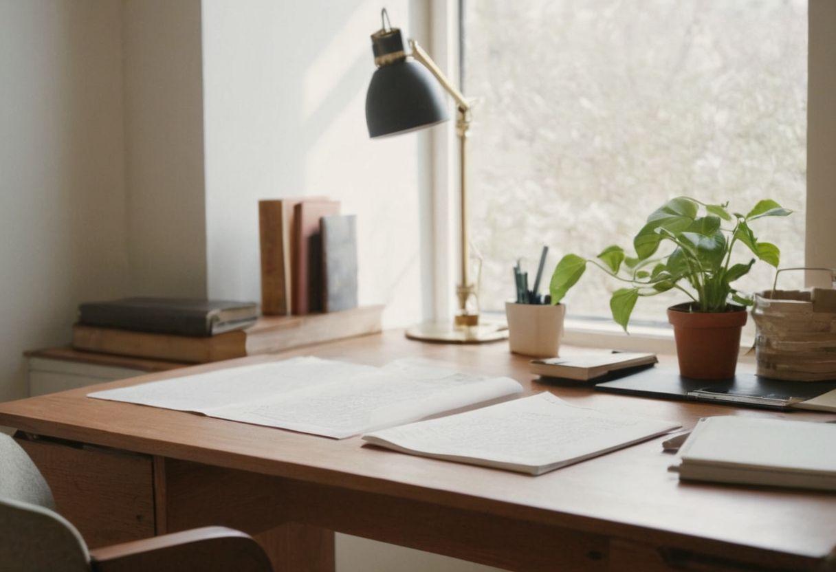 Uma mesa limpa e organizada com seções delineadas de um ensaio em papel, incluindo introdução, desenvolvimento e conclusão, em um espaço de estudo luminoso e ordenado. Fotografia com foco nítido e uma iluminação brilhante para melhorar a clareza.