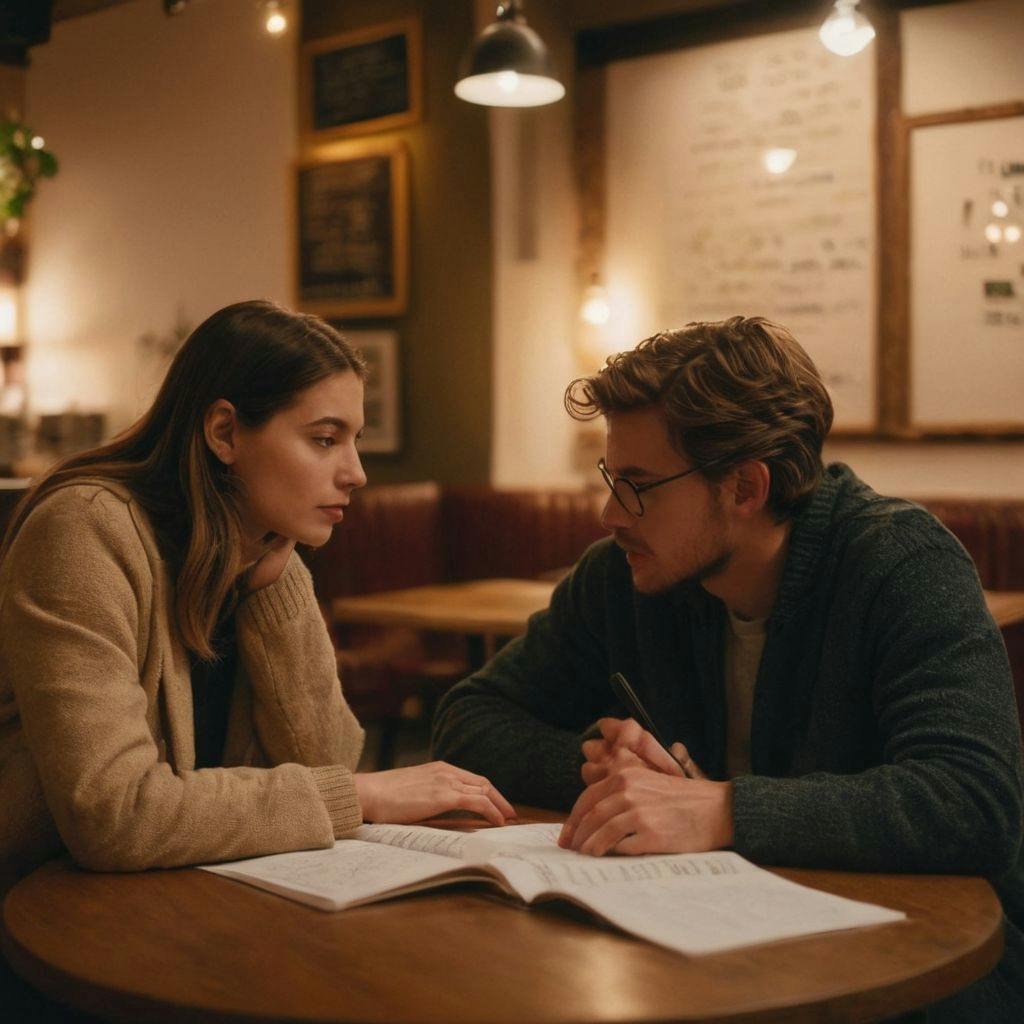 Deux personnes discutant dun essai avec des révisions marquées, dans un café confortable, Photographique, avec un éclairage ambiant doux et un focus sur lessai.