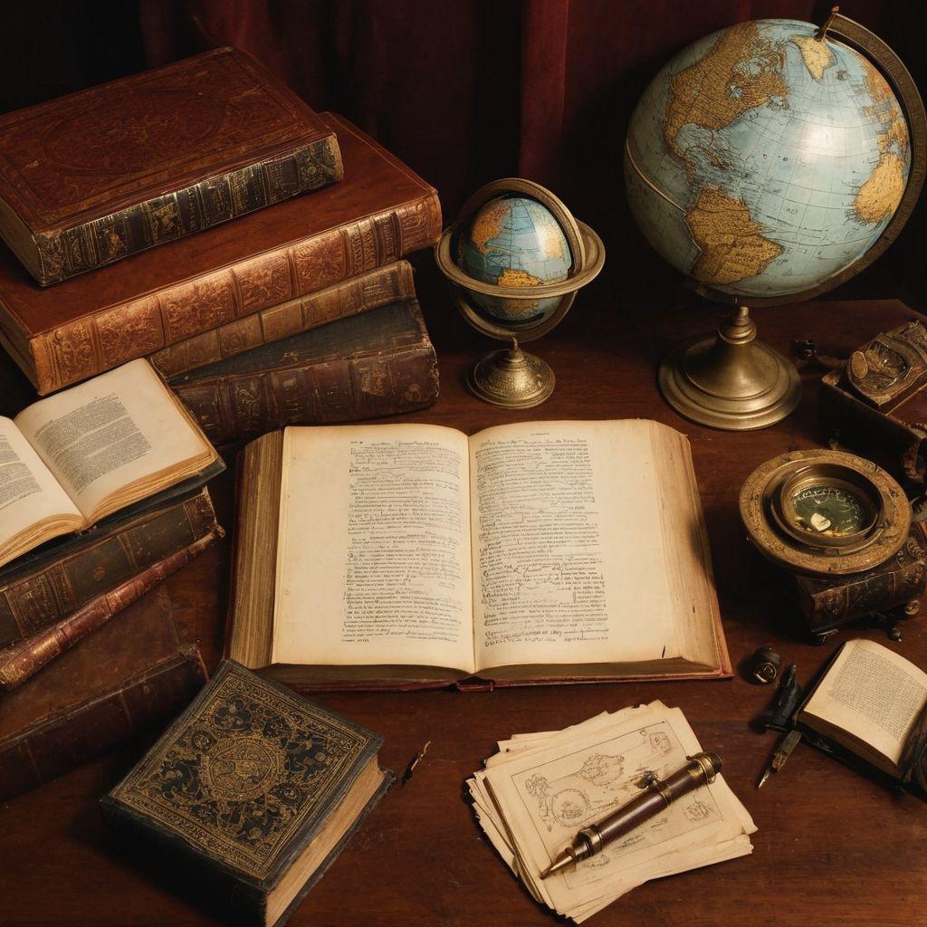 An array of primary and secondary source materials spread on a large table, including old books, manuscripts, and a globe, scholarly ambiance, Photographic, captured from a high angle with even studio lighting.