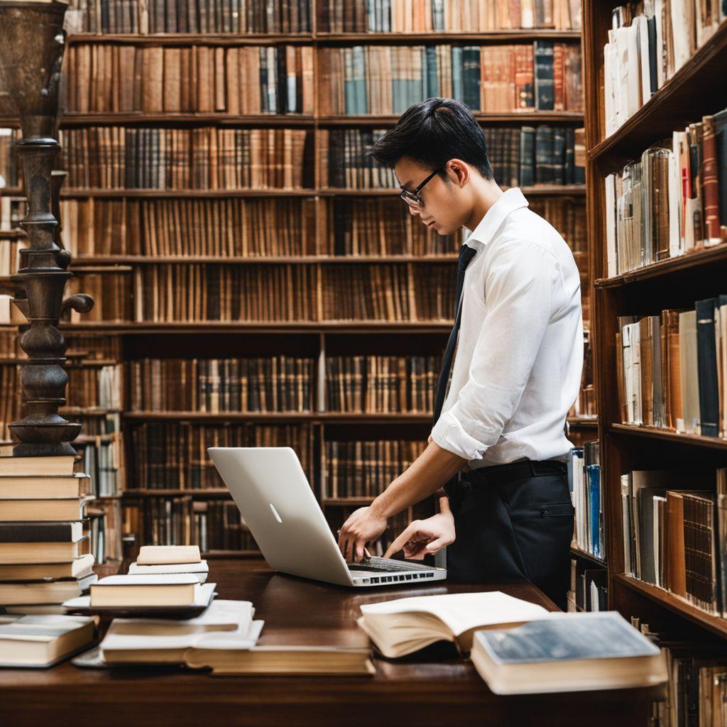 Personne entourée de livres et utilisant un ordinateur portable, dans une bibliothèque, profondément en recherche, Photographique, Photographie (Plan moyen, mise au point nette, lumière naturelle).