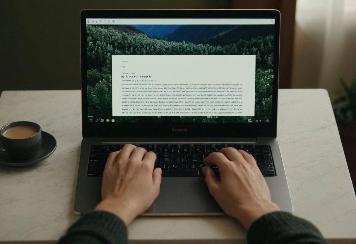 Close-up of hands typing on a laptop with a focus on the screen showing the beginning of an essay, in a softly lit indoor environment, photographic, captured with a sharp focus lens highlighting the text on the screen.