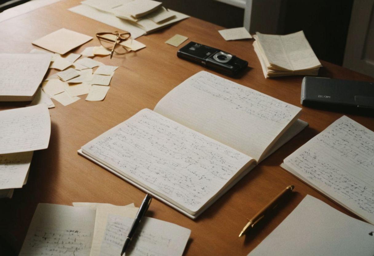 An aerial view of a desk with scattered notes and an essay outline visible, in a well-lit room. Photograph captured from above with a high-resolution camera to show details of the notes.