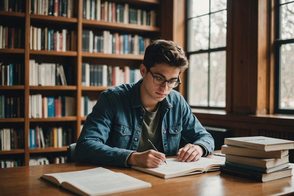 Ein Mann, der an einem Schreibtisch sitzt, mit Büchern vor sich