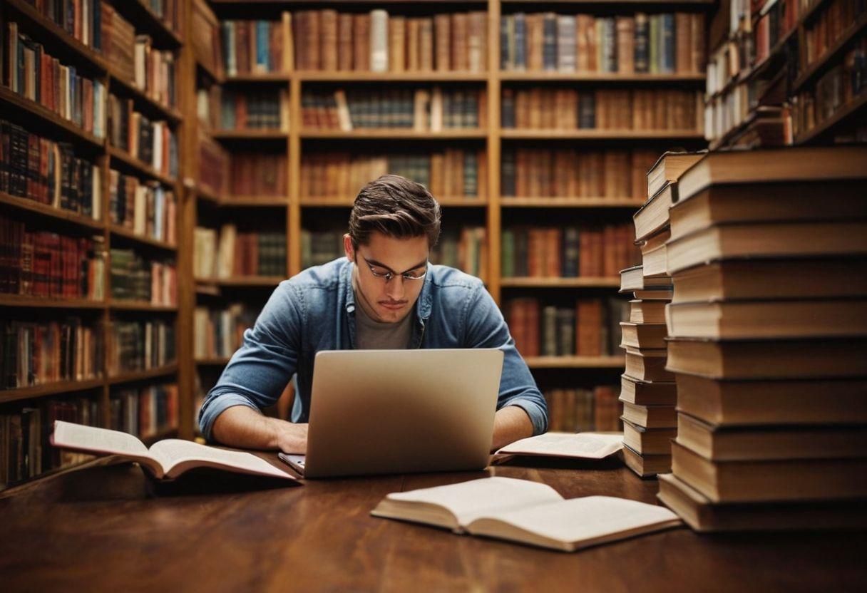 Una persona concentrada investigando en una laptop rodeada de pilas de libros en un entorno de biblioteca, creando una atmósfera académica, Fotografía, Fotografía con luz natural y escena detallada.