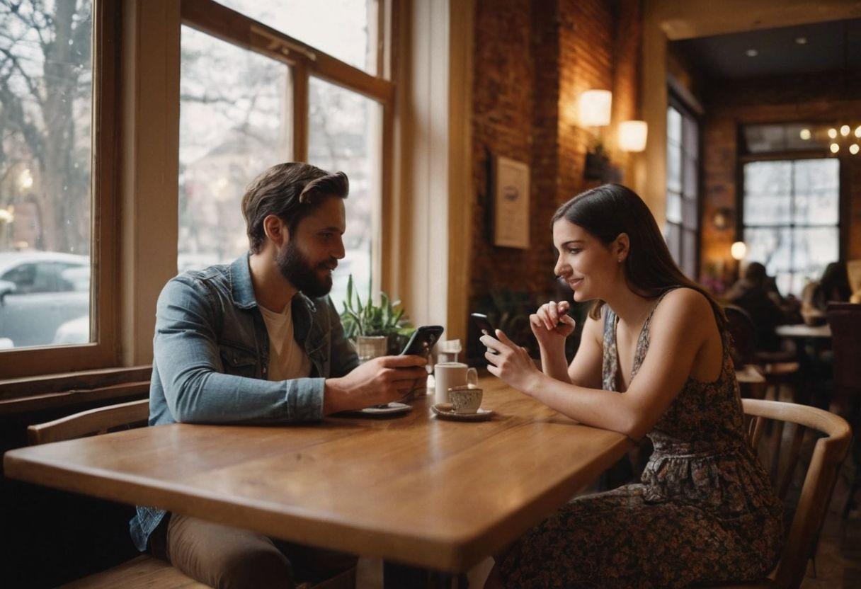 Um casal sentado em um café aconchegante, profundamente engajado em uma conversa com smartphones na mesa, mostrando um ambiente quente e íntimo, Fotográfico, usando uma lente de 35mm, luz natural suave filtrando pela janela.