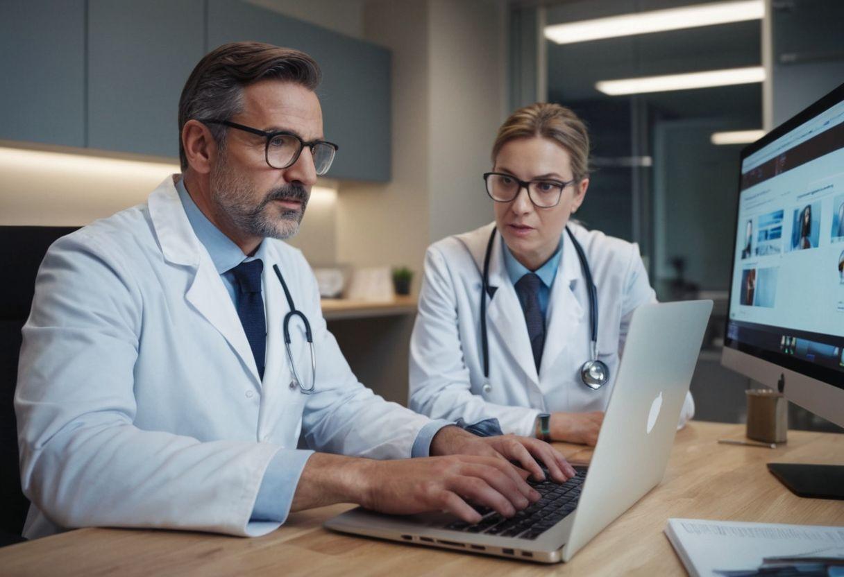 Un médico consultando con un paciente a través de una videollamada en una computadora portátil en una oficina moderna, con libros médicos en el fondo, Fotográfico, usando una lente gran angular y luz de estudio para mayor claridad.