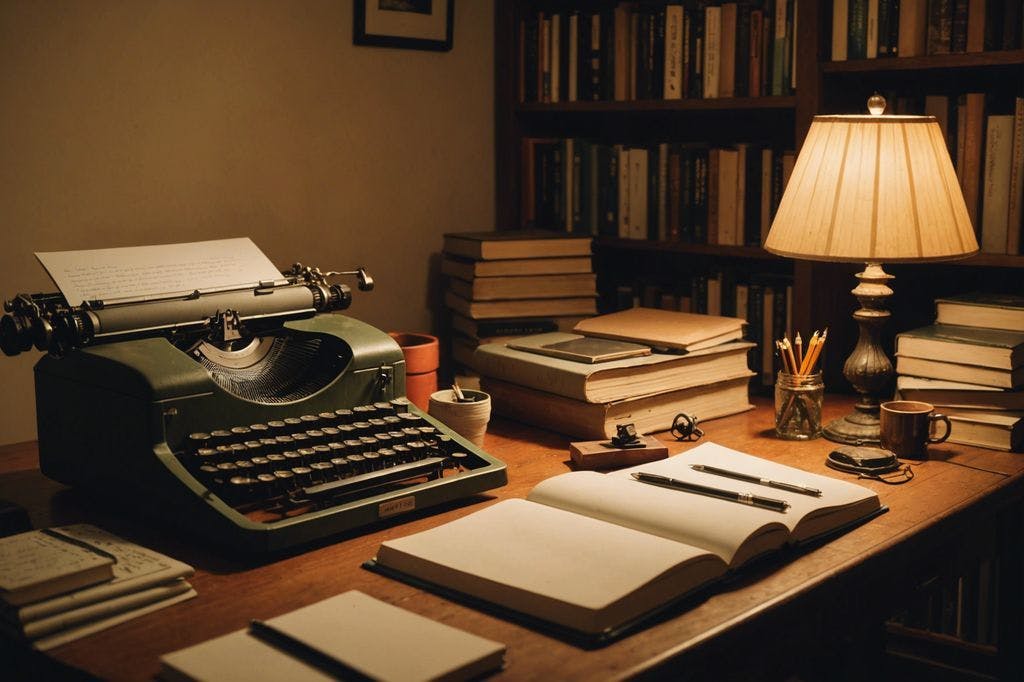 un bureau avec une machine à écrire, des livres et une lampe