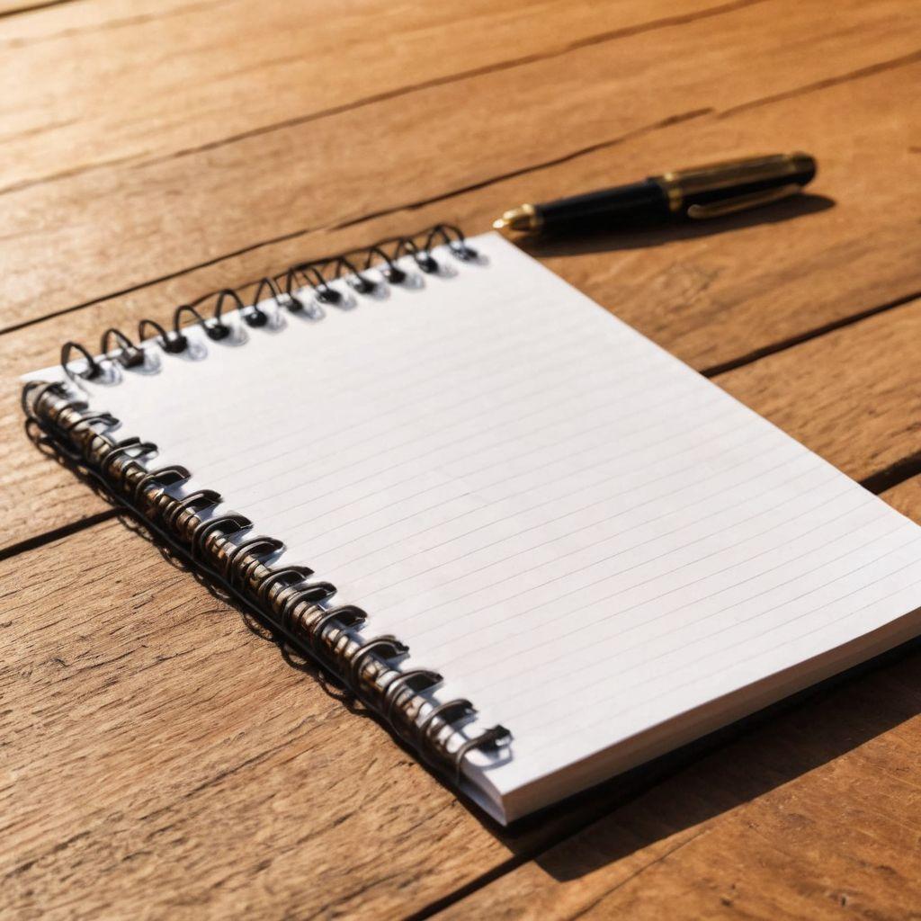 A notepad with a detailed essay outline visible, pen alongside, placed on a wooden desk, photographic, with natural light highlighting the structured outline.