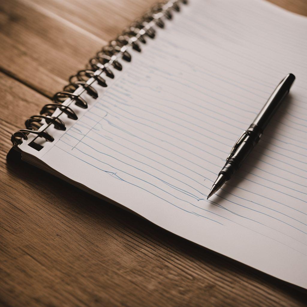 An open notebook with outlined sections of an essay visible, pen resting on the page, simple and focused setup on a wooden desk, Photographic, close-up shot with a 35mm lens highlighting the outlines and the pen.