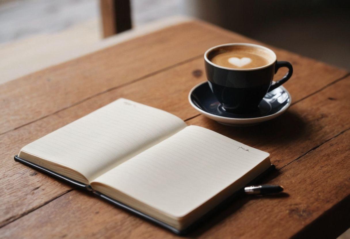 Close-up of an open notebook with handwritten notes next to a cup of coffee on a wooden desk, indoor setting, focused and thoughtful mood, Photographic, Photography with macro lens and soft focus.