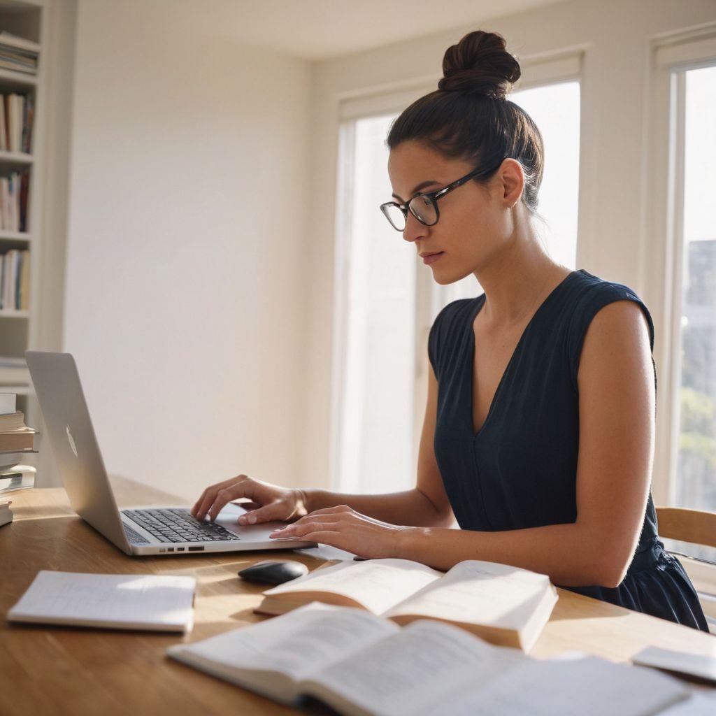 una donna con gli occhiali che lavora al suo laptop a casa