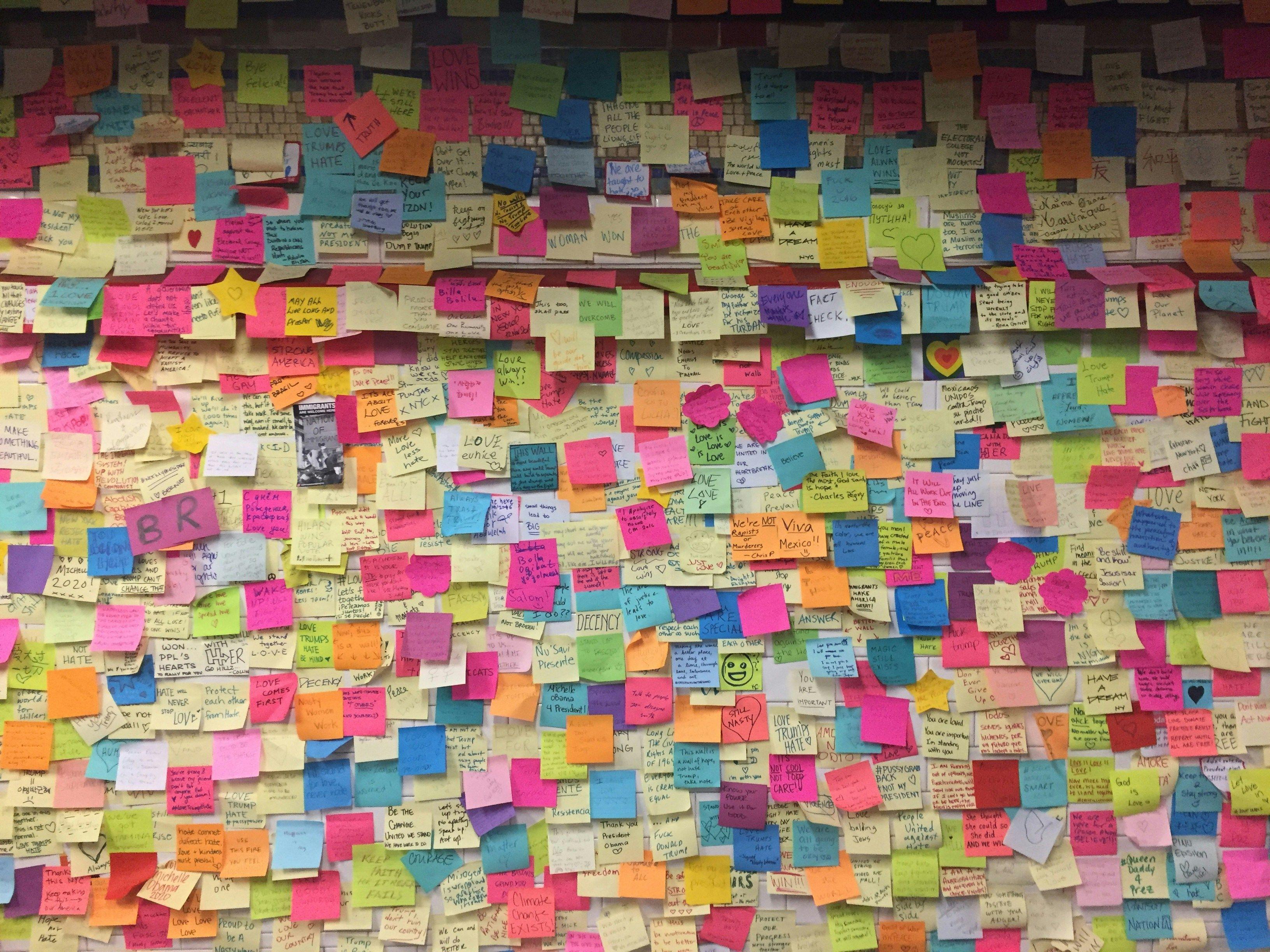 a wall covered in lots of post it notes