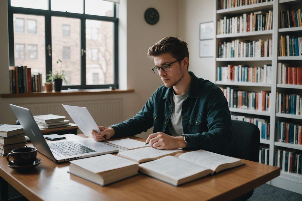 un homme assis à un bureau avec un ordinateur portable devant une bibliothèque