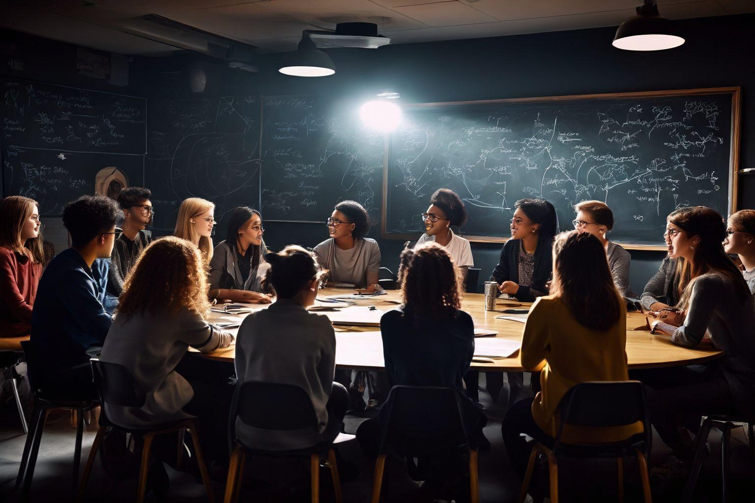 ein Klassenzimmer mit Schülern, die sich in nachdenklichen Diskussionen engagieren, mittlere Aufnahme von verschiedenen Schülern, die in einem Kreis sitzen, in einem modernen Klassenzimmer mit einer Tafel, unter weichem Klassenzimmerlicht, fotografischer Stil, der die interaktive und anregende Lernatmosphäre einfängt.