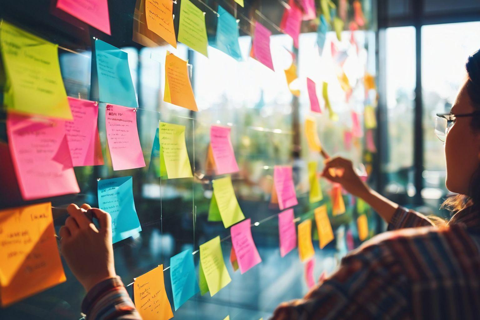 a person brainstorming with colorful sticky notes on a glass wall, close-up of hands placing notes, in a bright office space, with natural light creating a vibrant and creative atmosphere, photographic style, showing the dynamic process of idea generation.