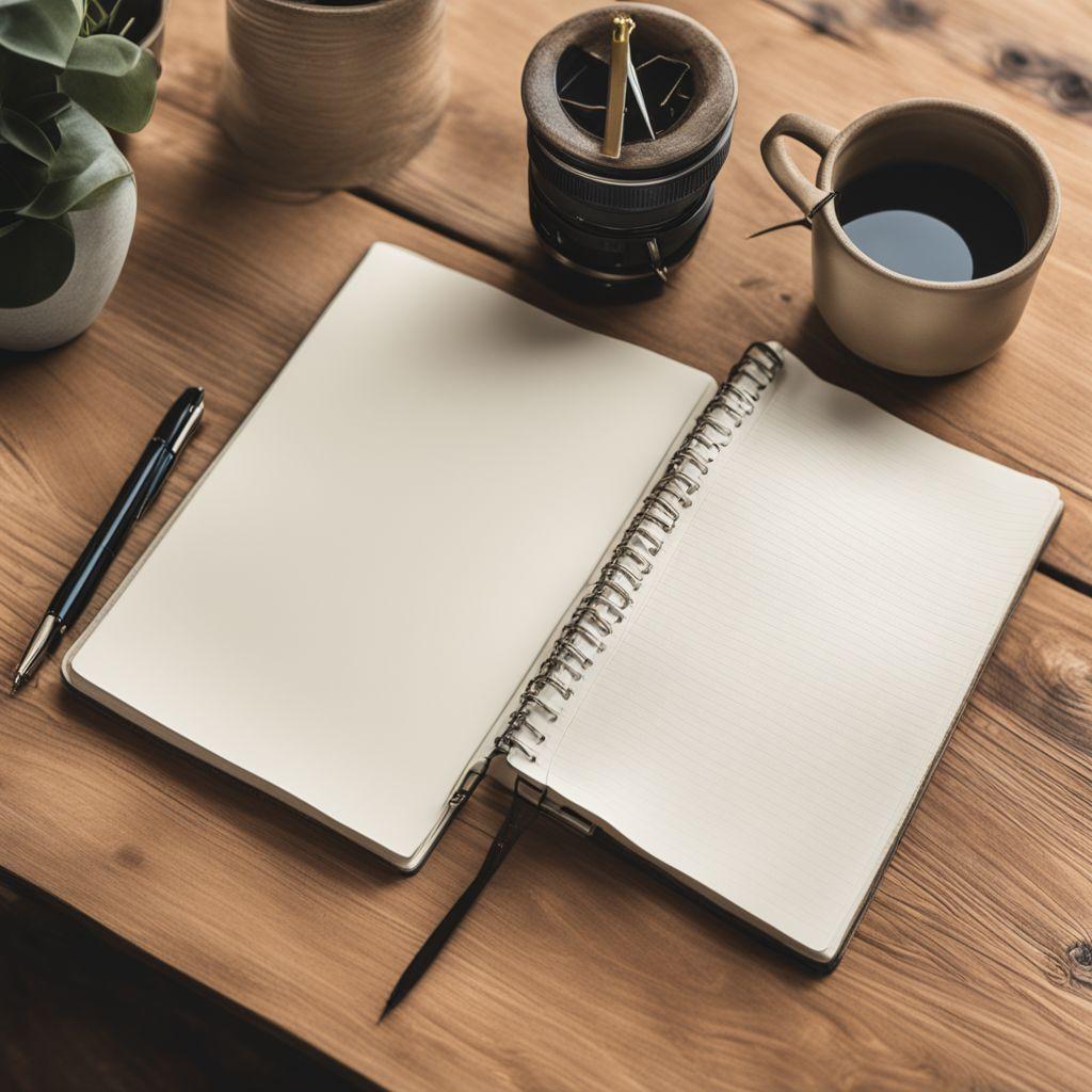 A notebook with a detailed outline for a reflective essay written in bullet points, including introduction, body, and conclusion, on a clean desk with minimal distractions, Photographic, with a focus on the text and soft background lighting.