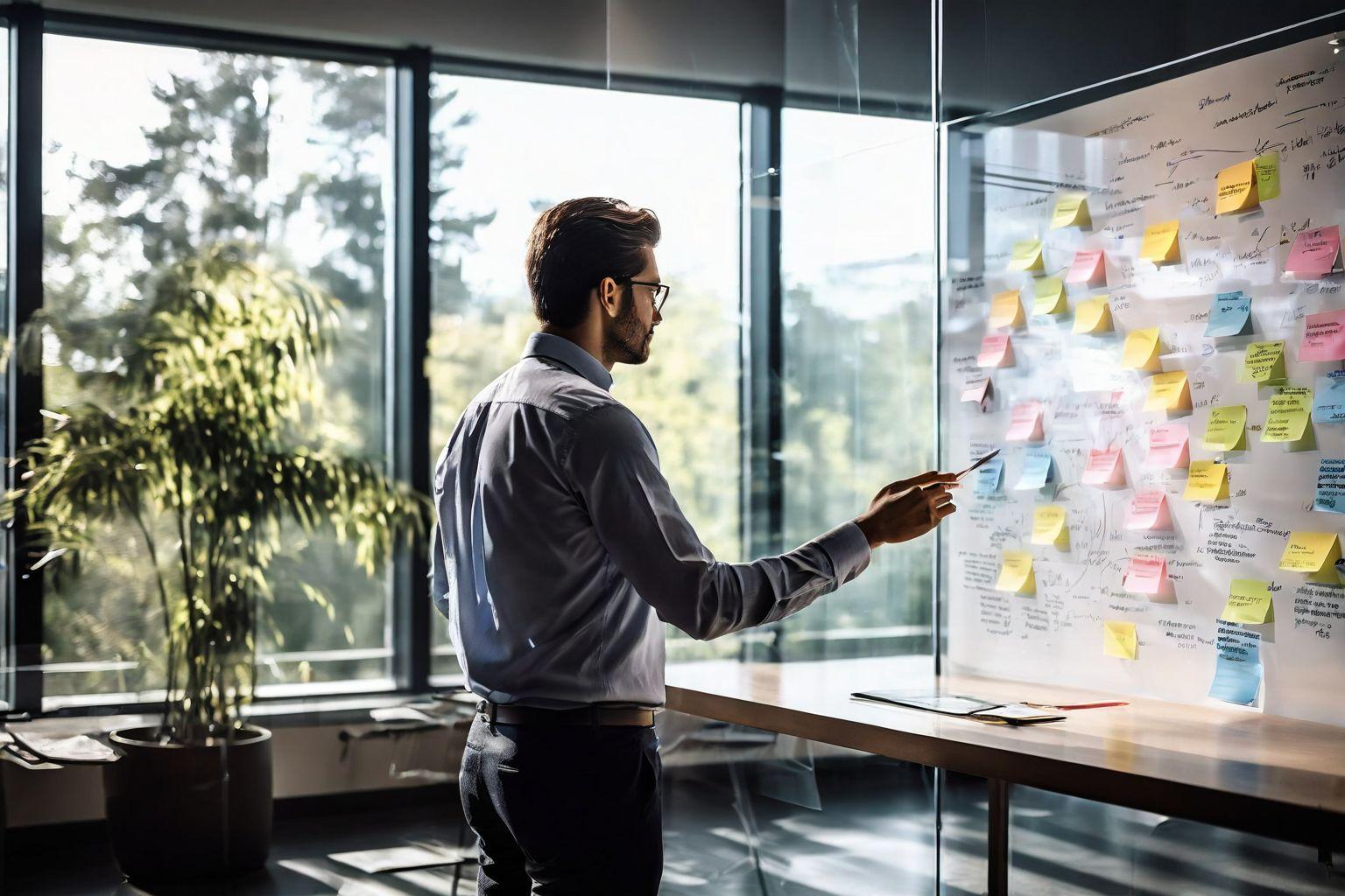 Une personne en train de faire un brainstorming avec des notes et des diagrammes sur un mur de verre, dans une pièce lumineuse, suggérant une session de planification stratégique et réfléchie, Photographique, prise sous un angle latéral pour montrer la profondeur de la pièce et lengagement de la personne.