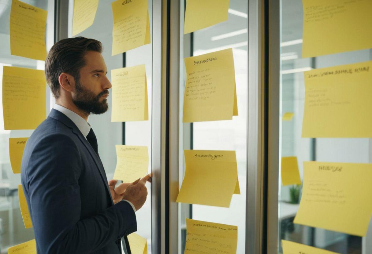 Une personne planifiant avec des notes autocollantes sur un mur de verre, marquant différentes stratégies et conseils de gestion du temps, dans un bureau lumineux et moderne, Photographique, Photographie avec une prise de vue moyenne, lumière naturelle et objectif 50mm.