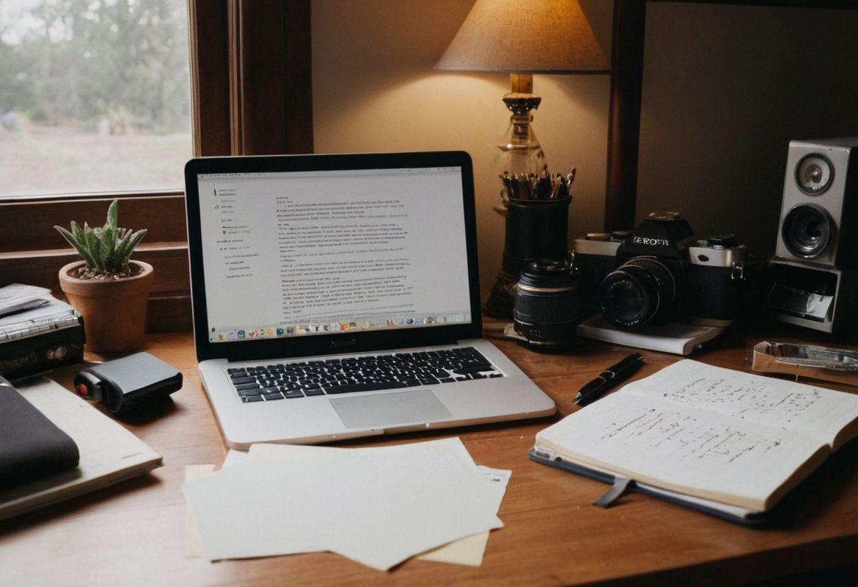 Uma mesa organizada com textos destacados, anotações e um laptop aberto em um programa de escrita, enfatizando a preparação e as ferramentas para a redação de ensaios, Fotográfico, Fotografia com uma visão de cima, luz natural e uma lente grande angular.