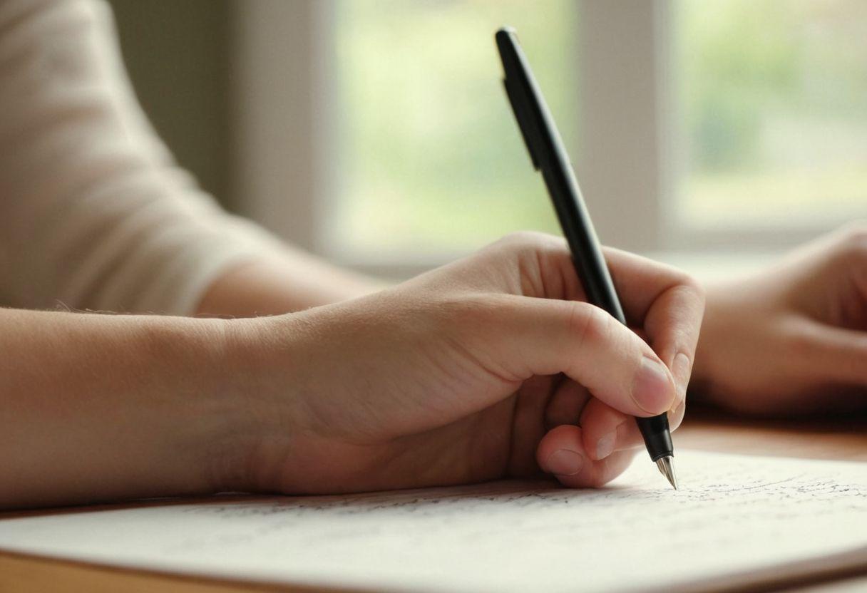 Un primo piano della mano di uno studente che scrive un saggio, mostrando il testo e la penna su carta, concentrato sul processo di scrittura in un ambiente domestico tranquillo, Fotografia, Fotografia con primo piano dettagliato, luce naturale morbida e obiettivo macro.