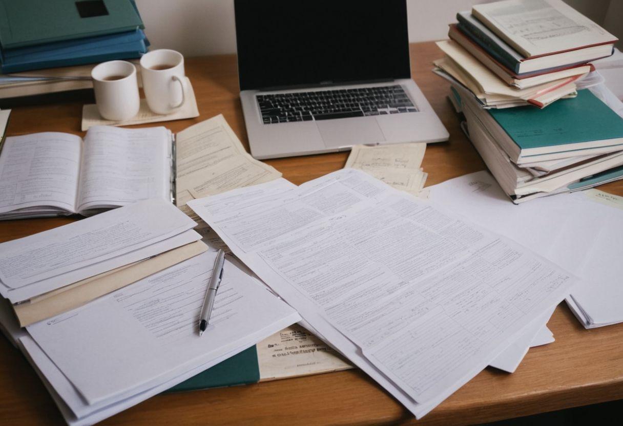 Un bureau couvert de divers papiers et livres de préparation au GRE, se concentrant sur les sujets et les questions de pratique, dans un cadre détude bien organisé, Photographique, Photographie avec une vue de dessus, lumière douce et objectif grand angle.