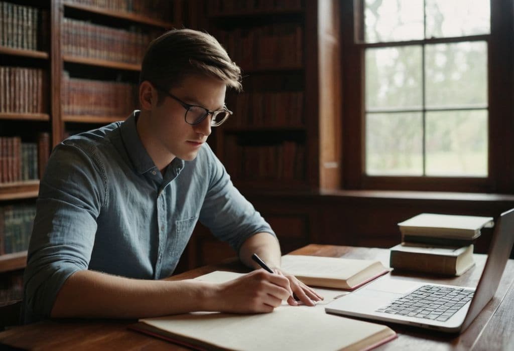 ein junger Mann, der an einem Schreibtisch mit einem Laptop vor Bücherregalen sitzt