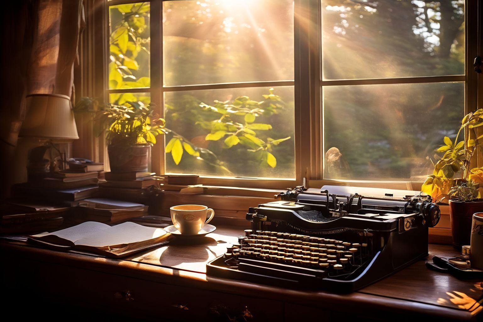 Un bureau décrivain bien rangé avec une machine à écrire, un carnet et une tasse de café fumante, la lumière du matin entrant par une fenêtre, Photographique, Photographie en gros plan avec une lumière douce du matin et une atmosphère cosy.