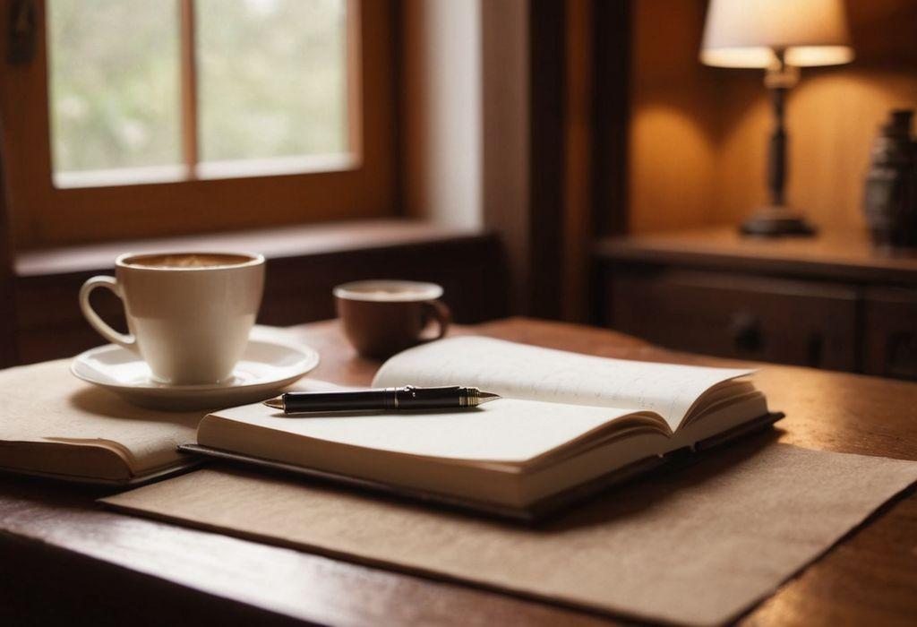 una taza de café y un cuaderno abierto sobre una mesa de madera